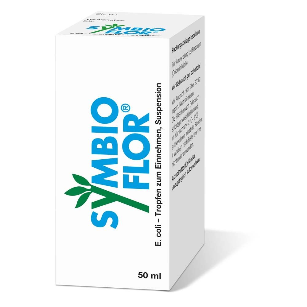 Weiße Schachtel mit blauem "Symbioflor"-Logo und grünen Blättern. Text: E. coli-Tropfen, 50 ml.