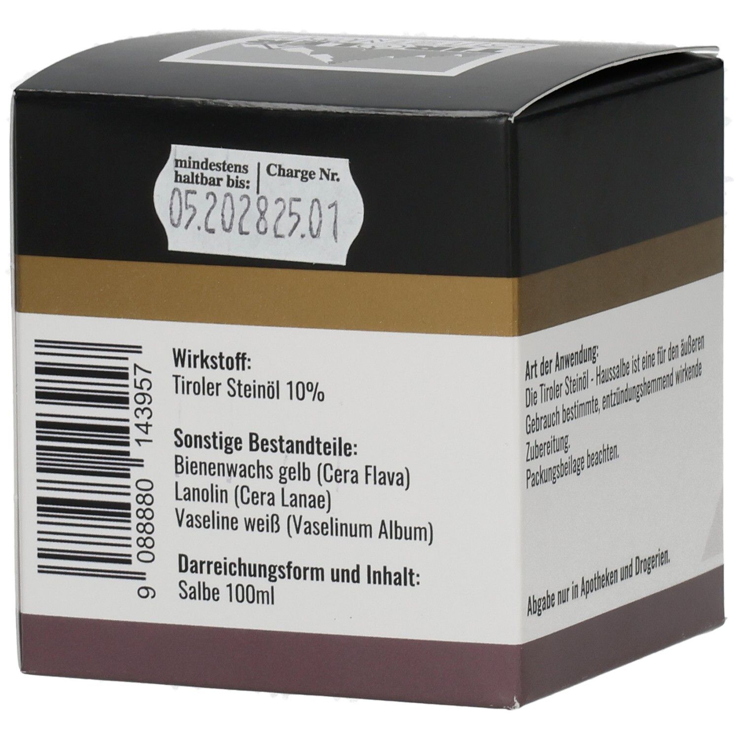 Karton TIROLER STEINÖL HAUSSALBE. Rückseite mit Inhaltsstoffen und Chargennummer. Wirkstoff: Tiroler Steinöl 10%. Darreichungsform: Salbe.