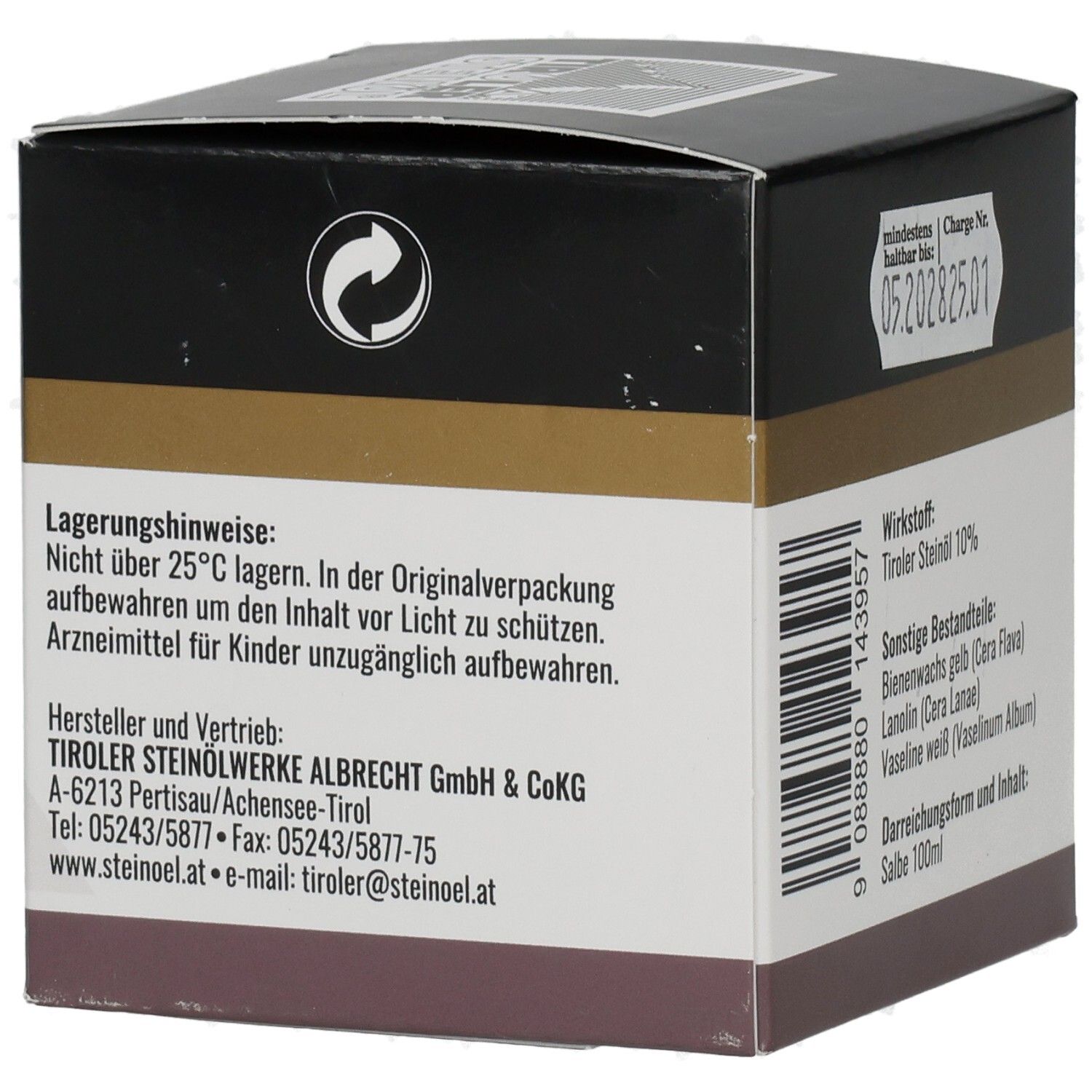 Karton TIROLER STEINÖL HAUSSALBE. Seite mit Lagerhinweisen, Herstellerinformationen und Kontaktdaten. Recycling-Symbol.
