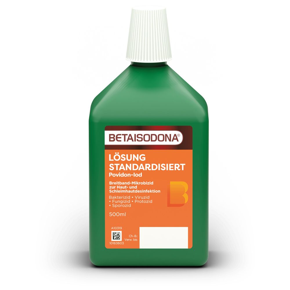 Grüne Flasche Betaisodona Lösung mit weißem Schraubverschluss. Etikett zeigt Produktinformationen und 500ml Angabe.