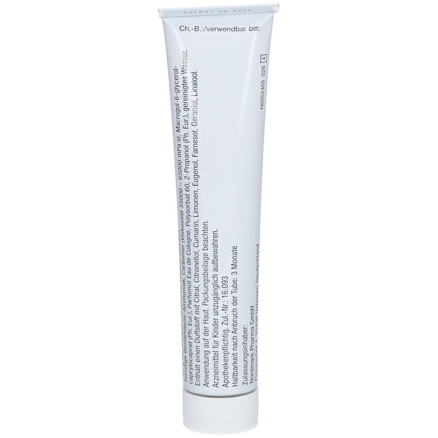 Rückseite einer Tube. Text: Ch.-B./verwendbar bis. Inhaltsstoffe und Herstellerinformationen. Apothekenpflichtig.