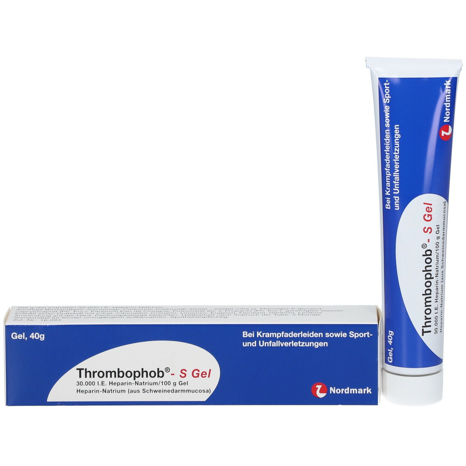 Produktverpackung mit Tube. Tube und Schachtel mit Thrombophob® S Gel. Marke Nordmark. Text: Bei Krampfaderleiden sowie Sport- und Unfallverletzungen.