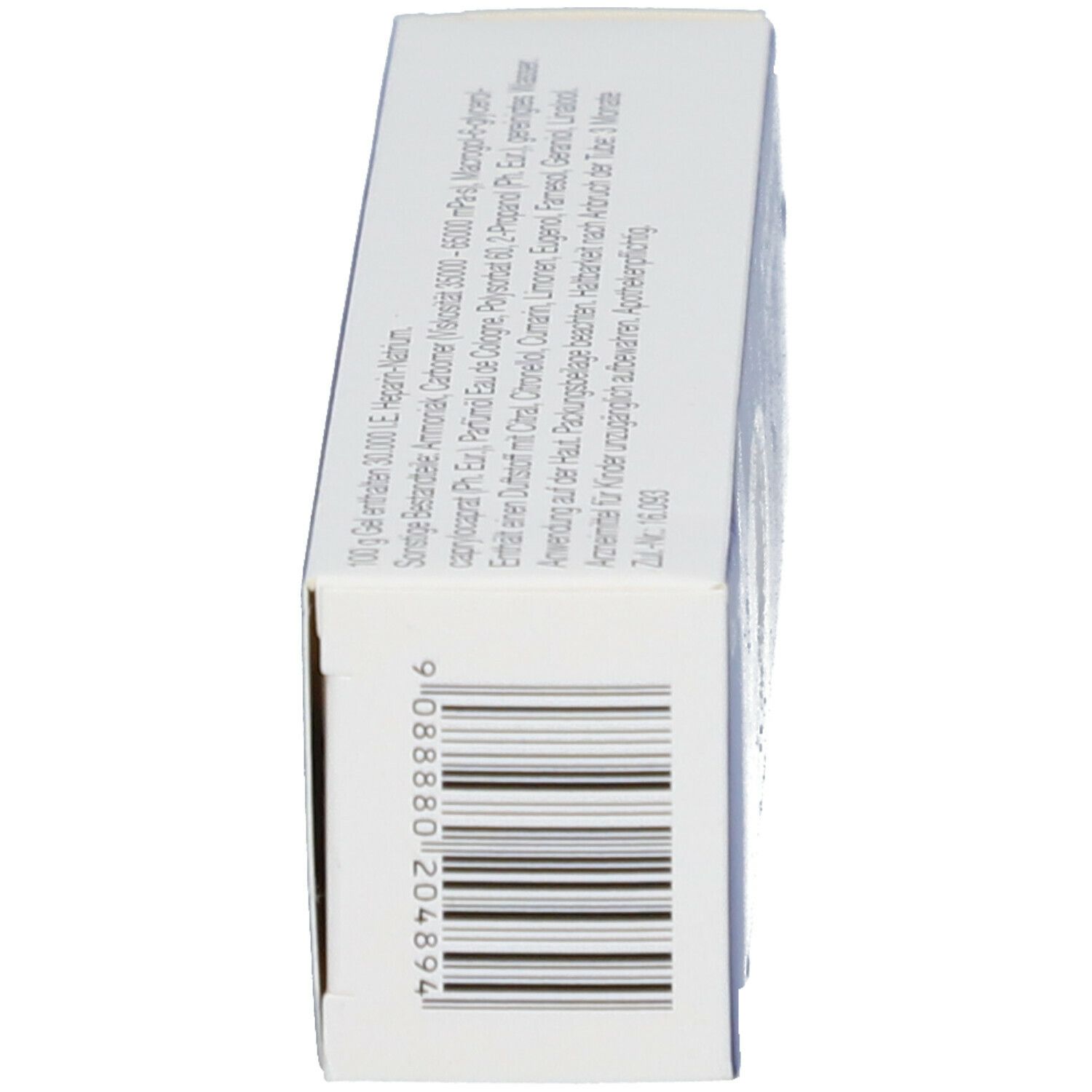 Seitenansicht der Schachtel. Barcode und Herstellerinformationen. Text: Thrombophob® S Gel. Marke Nordmark.