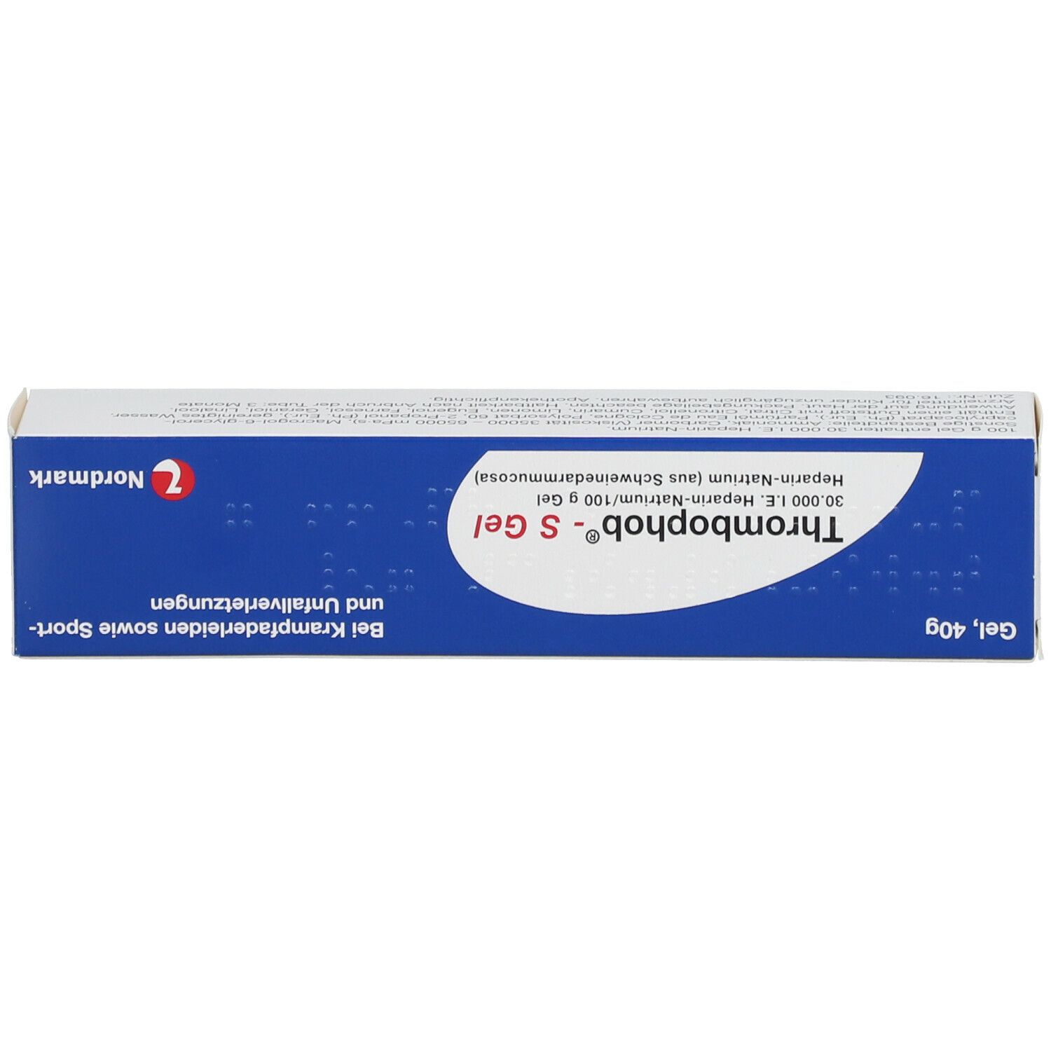Schachtel mit Thrombophob® S Gel. Marke Nordmark. Text: Bei Krampfaderleiden sowie Sport- und Unfallverletzungen. Gel, 40g.