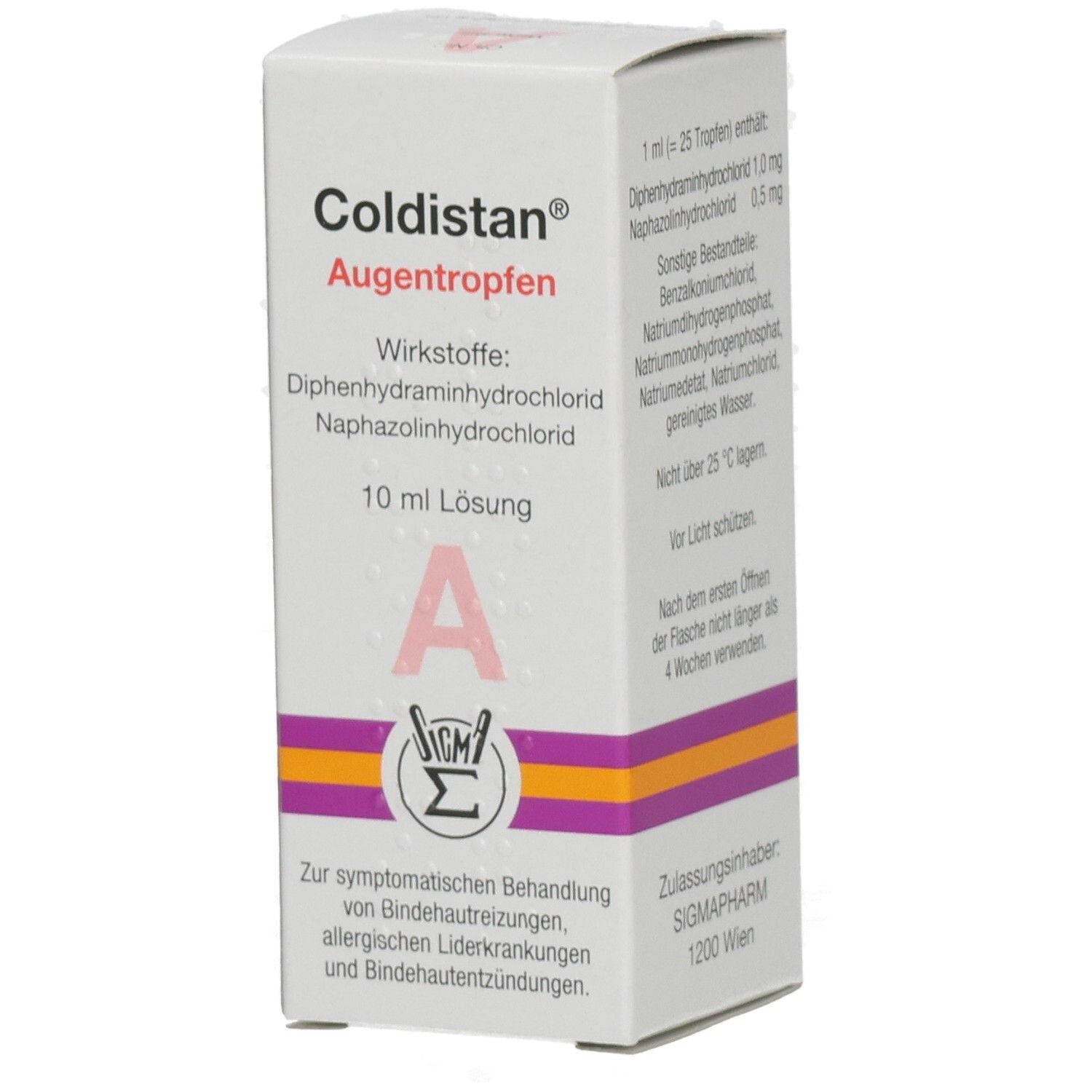 Coldistan Augentropfen 10 ml Lösung Verpackung. Wirkstoffe: Diphenhydraminhydrochlorid, Naphazolinhydrochlorid.