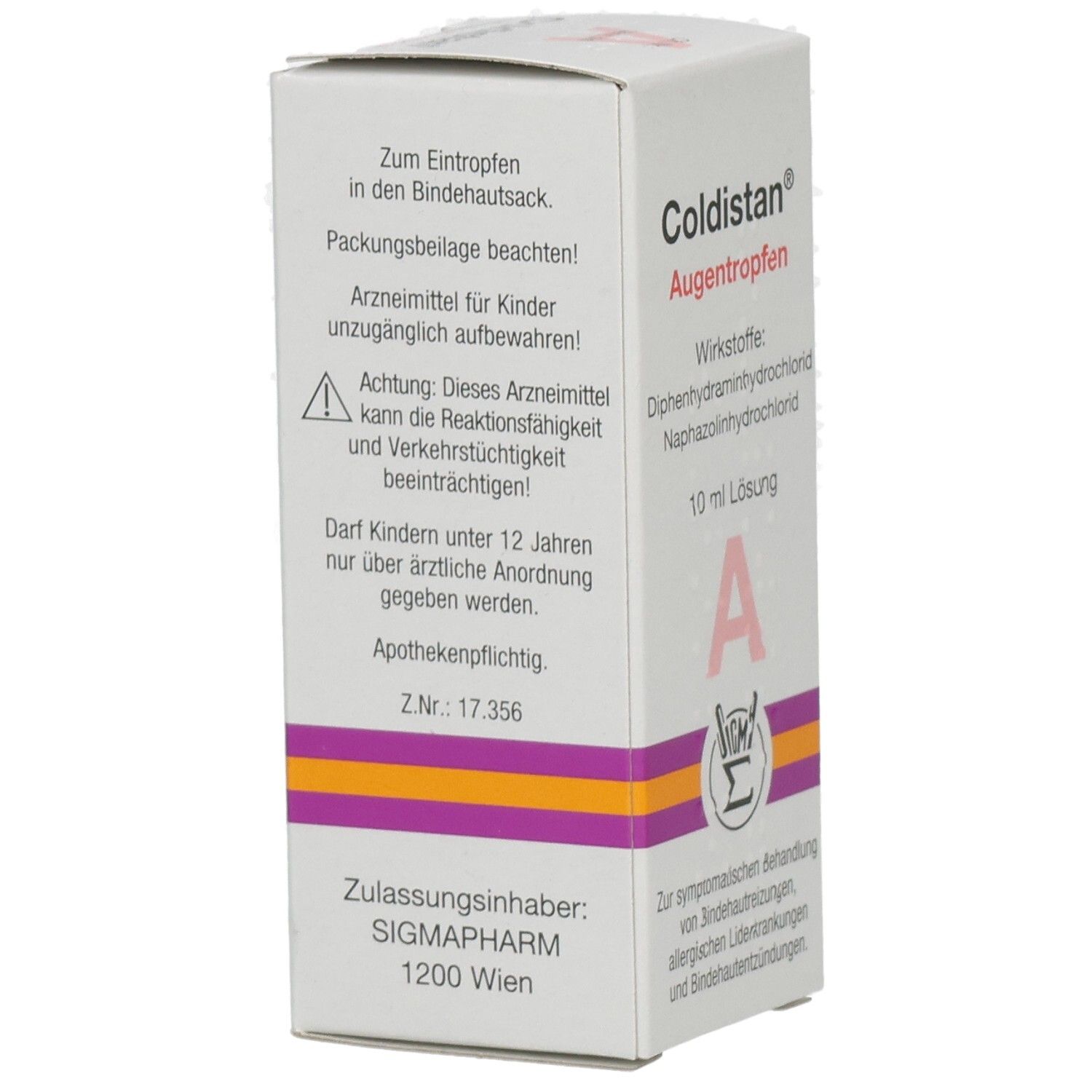 Rückseite der Coldistan Augentropfen Verpackung mit Anwendungshinweisen und Warnungen.