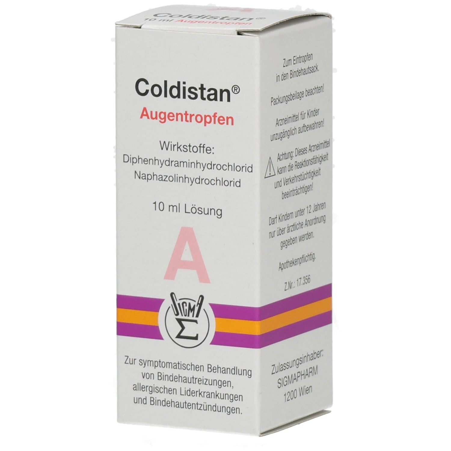 Coldistan Augentropfen 10 ml Lösung Verpackung. Enthält Wirkstoffe und Dosierungsinformationen.
