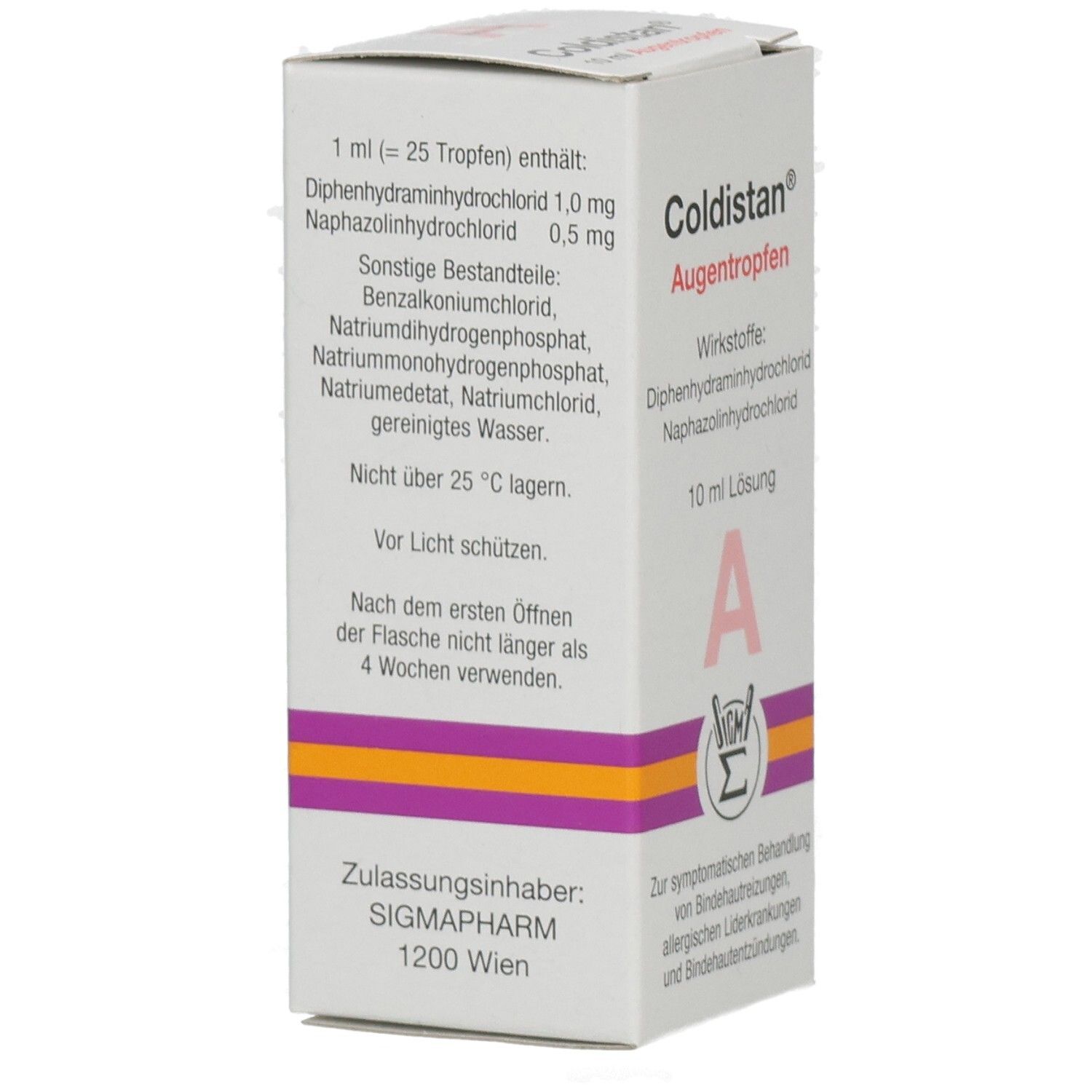 Seitenansicht der Coldistan Augentropfen Verpackung mit detaillierten Inhaltsstoffen und Lagerungshinweisen.