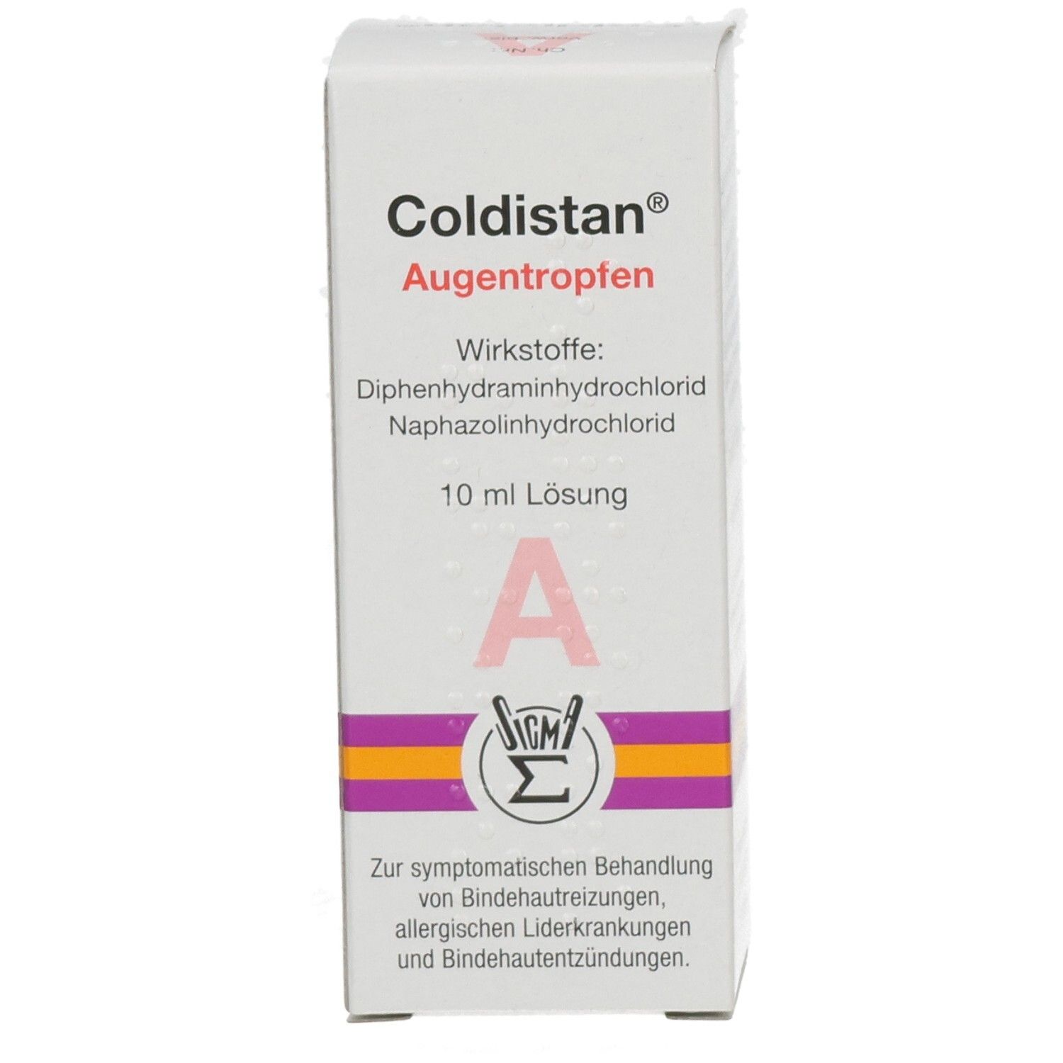 Vorderseite der Coldistan Augentropfen Verpackung. Zeigt Produktname, Wirkstoffe und Volumen.
