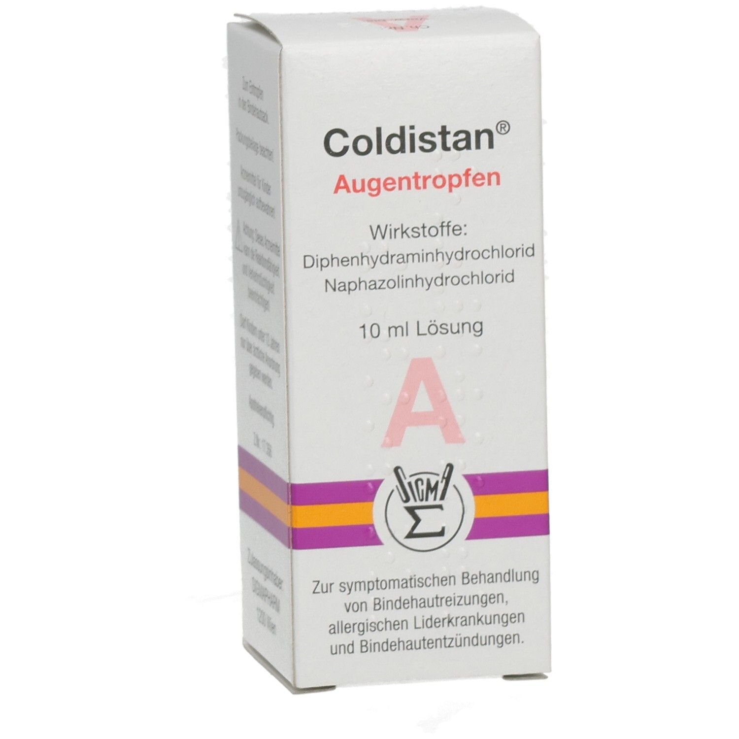 Coldistan Augentropfen 10 ml Lösung Verpackung. Enthält Informationen zur symptomatischen Behandlung.