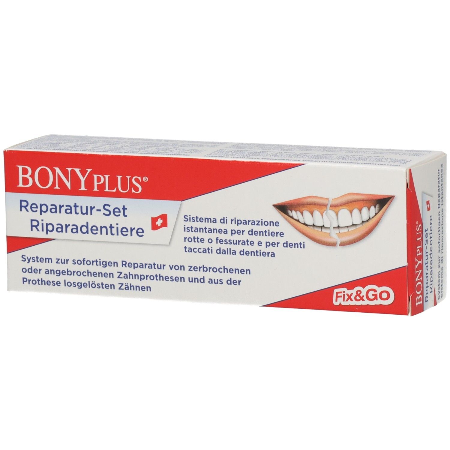 BONYPLUS Reparatur-Set. Weiße Verpackung mit rotem Akzent. Abbildung eines Zahnschemas. Text in Deutsch und Italienisch.