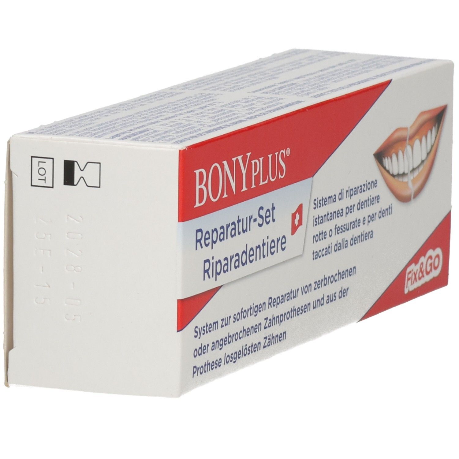BONYPLUS Reparatur-Set Verpackung. Weiße Schachtel mit rotem Akzent. Text und Logo. Seitenansicht.