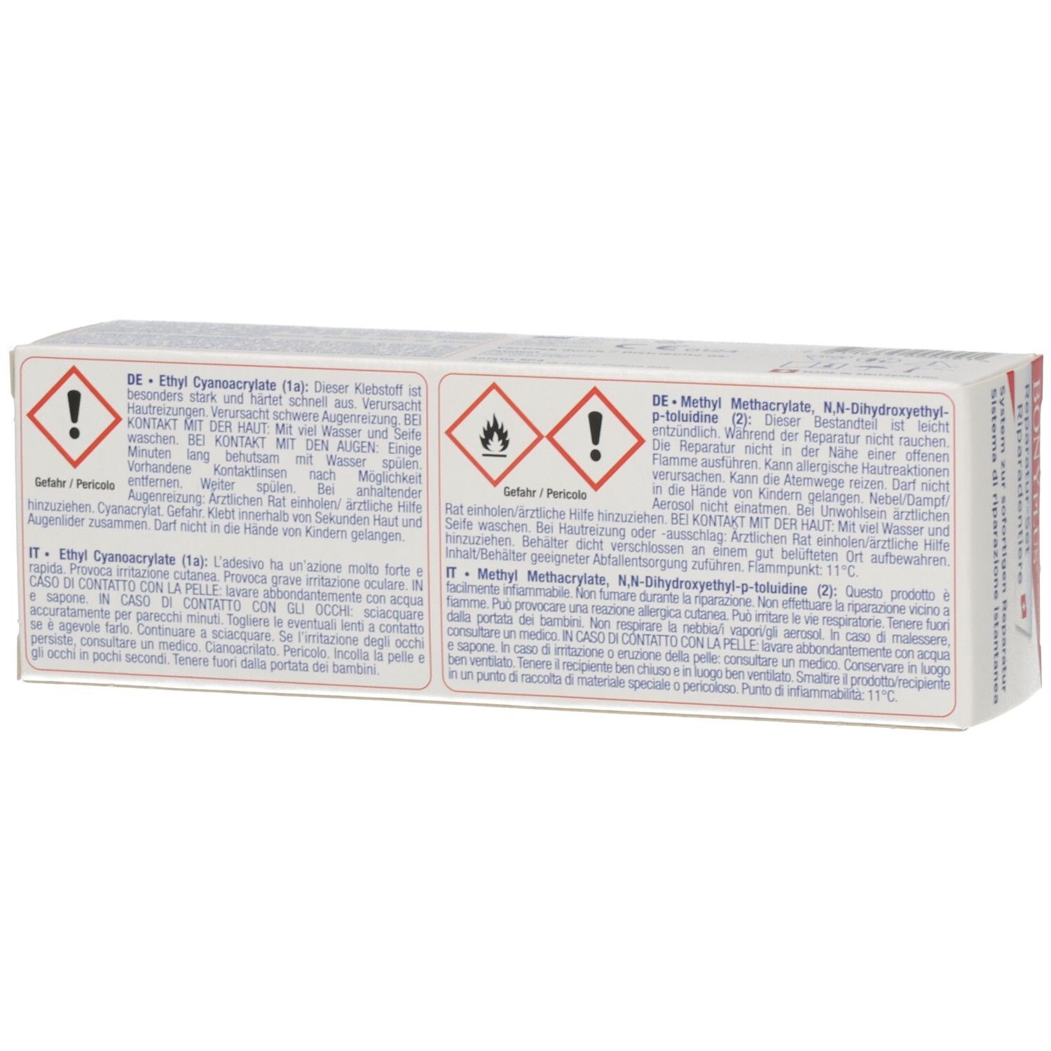 Rückseite der BONYPLUS Reparatur-Set Verpackung. Text in mehreren Sprachen. Warnhinweise und Piktogramme.