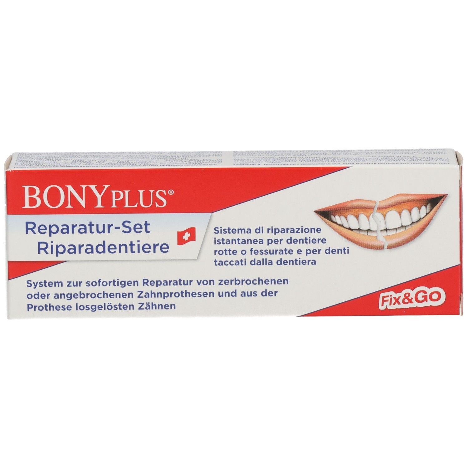 BONYPLUS Reparatur-Set. Weiße Verpackung mit rotem Akzent. Abbildung eines Zahnschemas. Text in Deutsch und Italienisch.