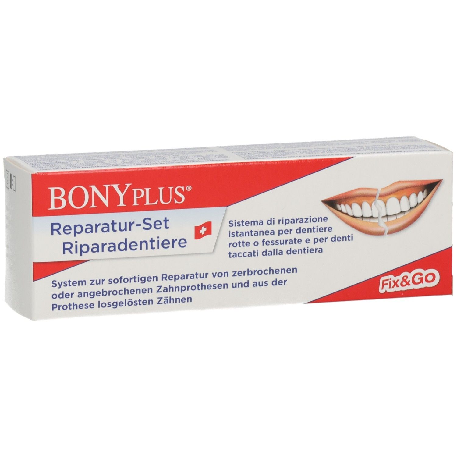BONYPLUS Reparatur-Set. Weiße Verpackung mit rotem Akzent. Abbildung eines Zahnschemas. Text in Deutsch und Italienisch.