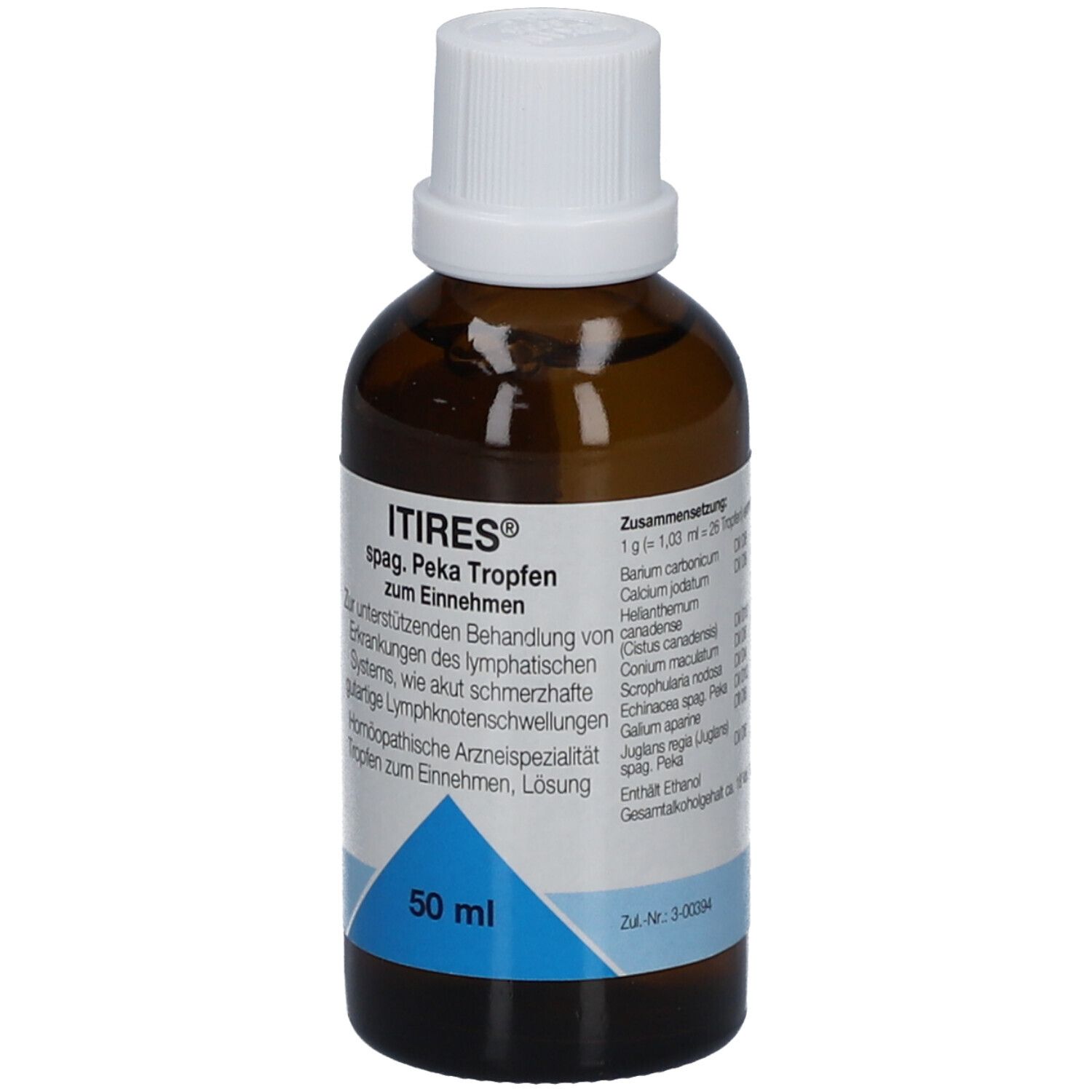 Braune Glasflasche mit weißem Deckel. Etikett mit Produktnamen ITIRES spag. Peka Tropfen. 50 ml.