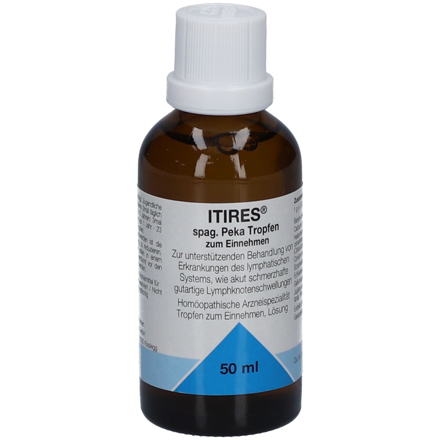 Braune Glasflasche mit weißem Deckel. Etikett mit Produktnamen ITIRES spag. Peka Tropfen. 50 ml.