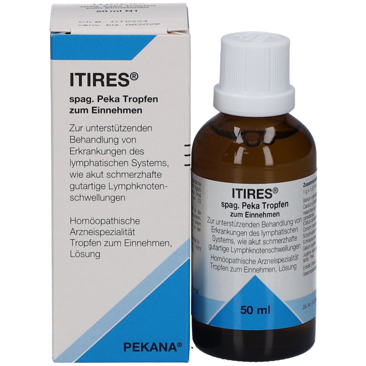Produkt ITIRES spag. Peka Tropfen und Verpackung. Flasche und Schachtel mit Produktinformationen.