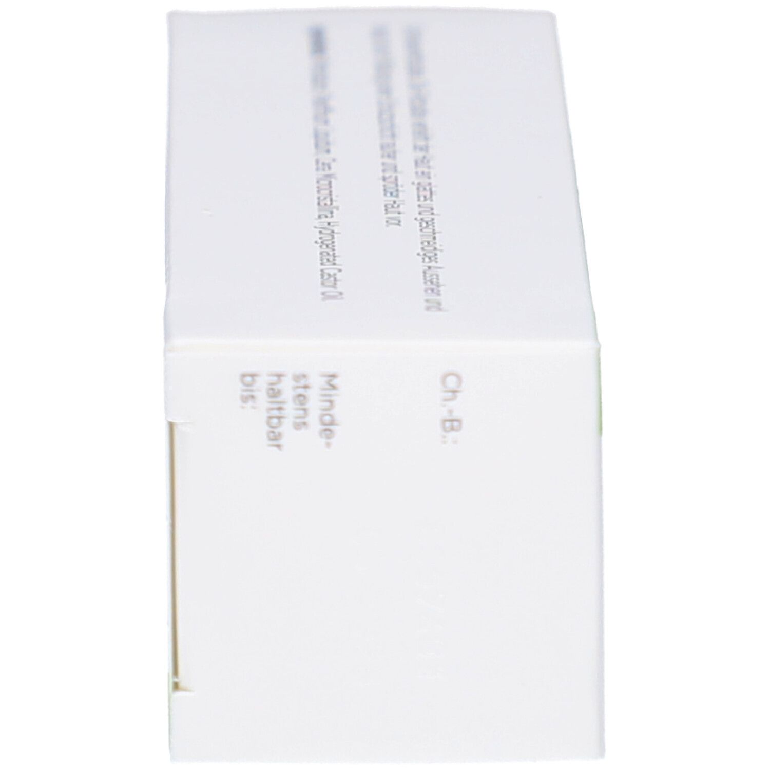 Produktverpackung, Seitenansicht. Beschriftung mit Mindesthaltbarkeitsdatum und Chargenbezeichnung.