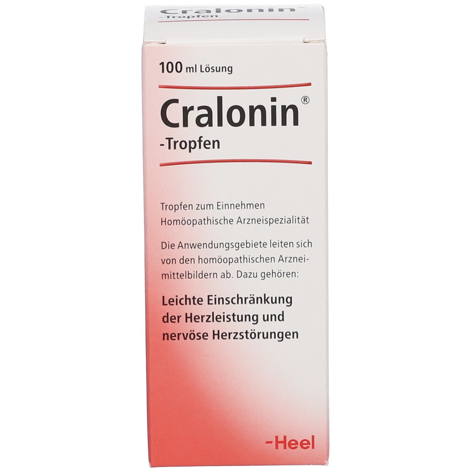 Weiße Produktverpackung mit rotem Akzent. Aufschrift Cralonin®-Tropfen und Text. 100 ml Lösung. Informationen zu Inhaltsstoffen.