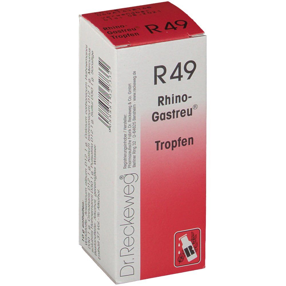 Karton von Dr. Reckeweg® Rhino-Gastreu® R49 Tropfen. Weißer Karton mit roter Schrift und Logo. Produktname und Marke deutlich sichtbar.