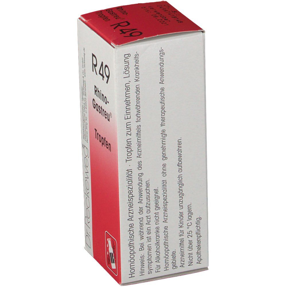 Karton von Dr. Reckeweg® Rhino-Gastreu® R49. Roter Deckel, weißer Karton. Text: 'Tropfen zum Einnehmen'. Apothekenpflichtig.