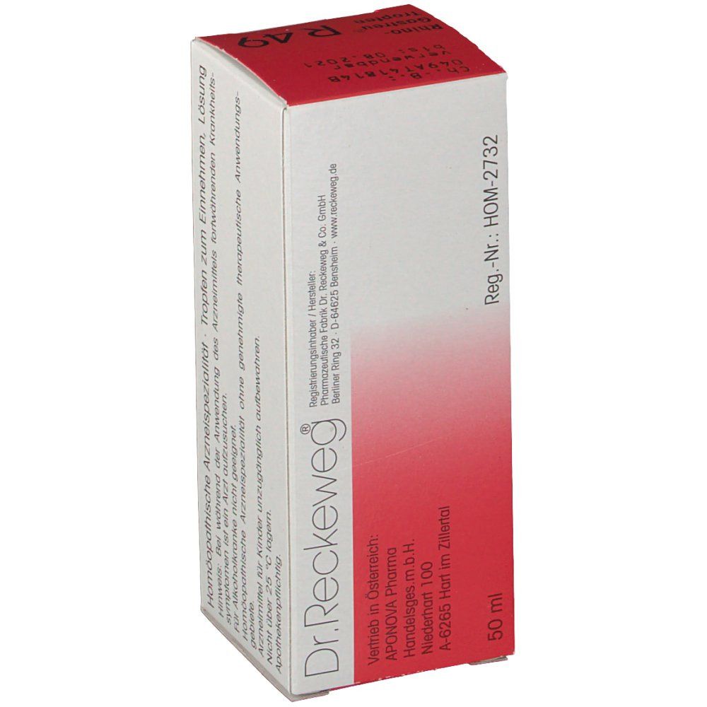 Karton von Dr. Reckeweg® Rhino-Gastreu® R49. Roter Deckel, weißer Karton. Text: '50 ml'. Herstellerinformationen und Logo.