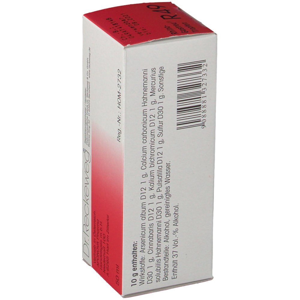 Karton von Dr. Reckeweg® Rhino-Gastreu® R49. Enthält Inhaltsstoffe. Text: '10 g'. Barcode und Herstellerinformationen.