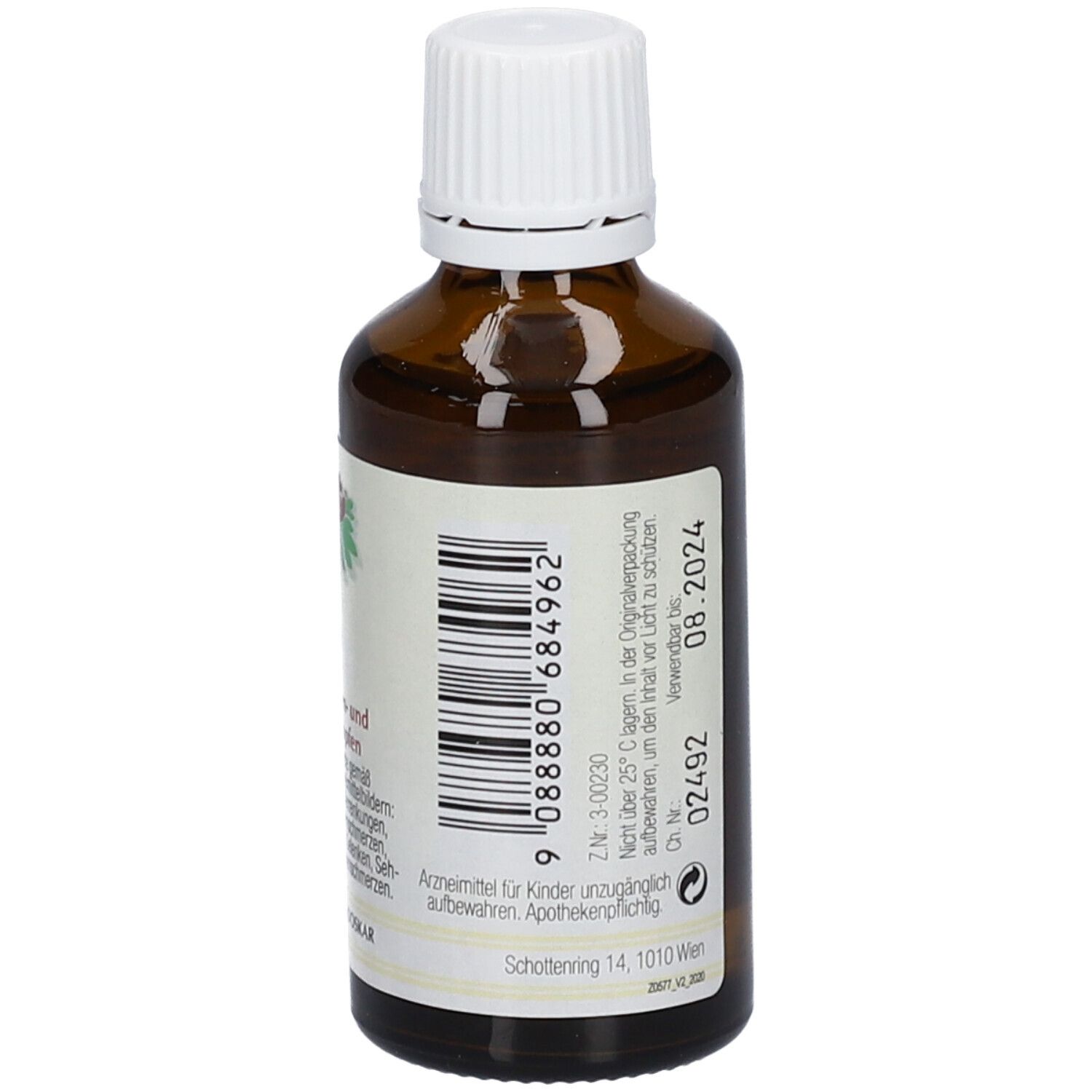 Braune Glasflasche mit weißem Deckel. Etikett mit Barcode und Verfallsdatum 08.2024. Homöopathische Arzneispezialität.