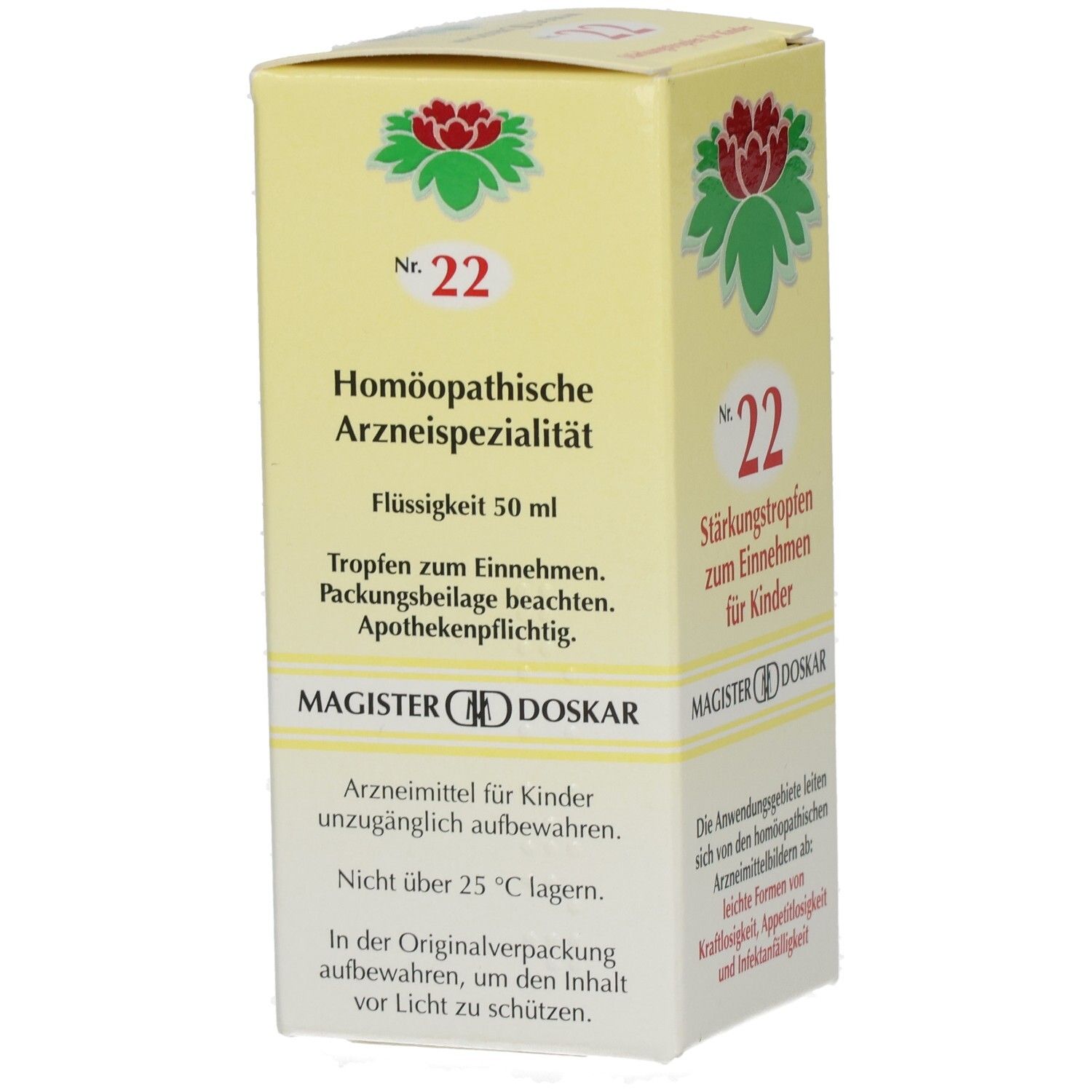 Kartonverpackung. Nr. 22 Stärkungstropfen für Kinder. MAGISTER DOSKAR. Homöopathische Arzneispezialität.