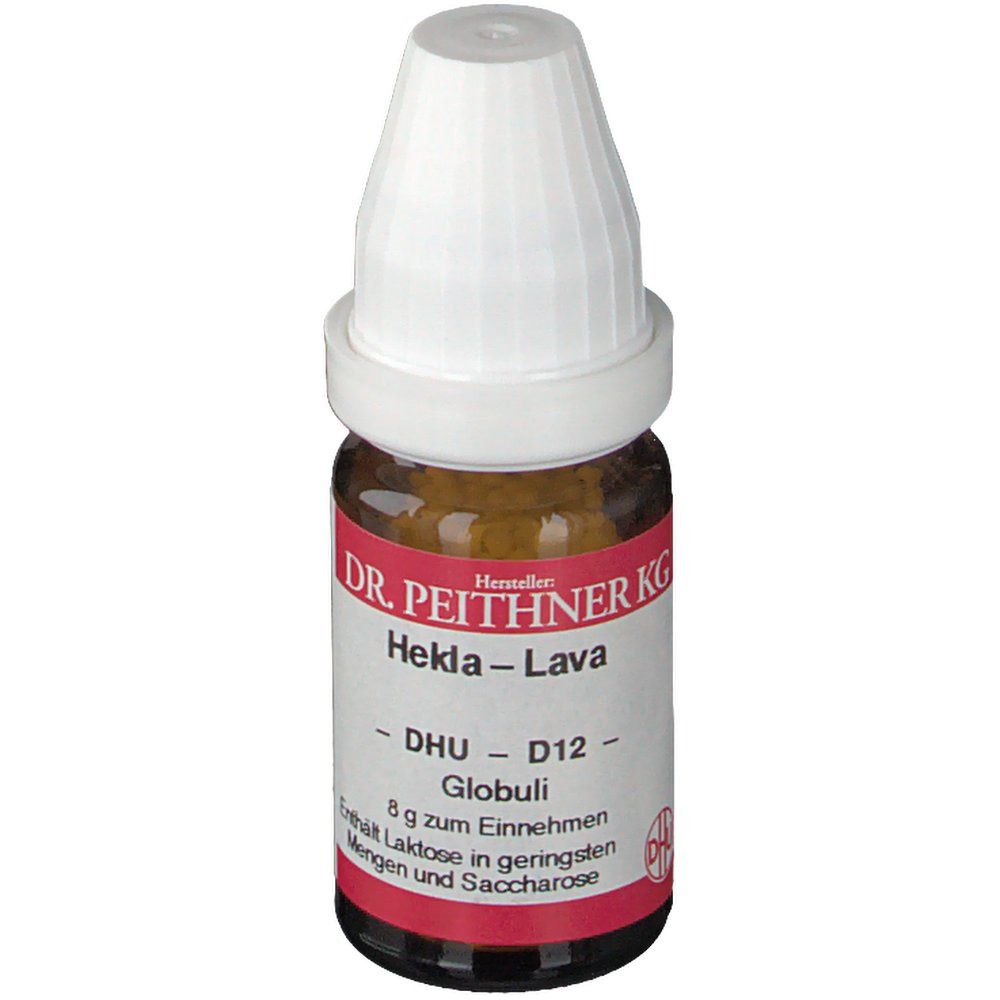 Braune Glasflasche mit weißem Deckel. Etikett mit Text: DR. PEITHNER KG Hekla-Lava DHU D12 Globuli.