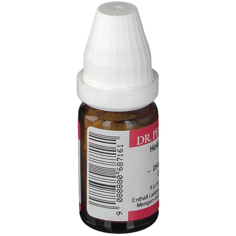 Braune Glasflasche mit weißem Deckel. Etikett mit Text: DR. PEITHNER KG Hekla-Lava DHU D12 Globuli, Strichcode.