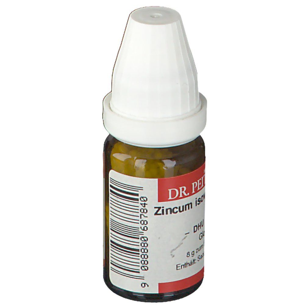 Braune Glasflasche mit weißem Deckel. Beschriftung: DR. PEITHNER Zincum isovalerianicum DHU D6 Globuli.