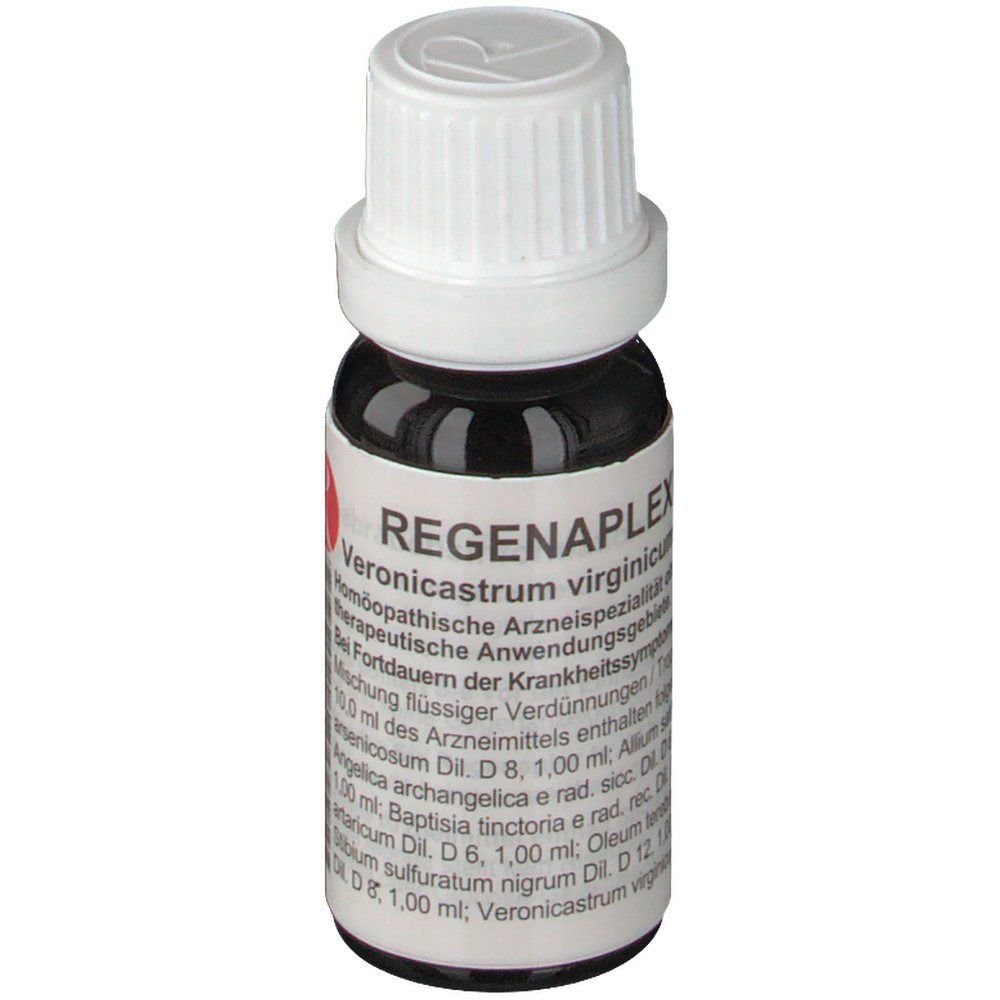 Braune Glasflasche mit weißem Schraubverschluss. Etikett mit Produktnamen und Inhaltsstoffen. Homöopathisches Arzneimittel.