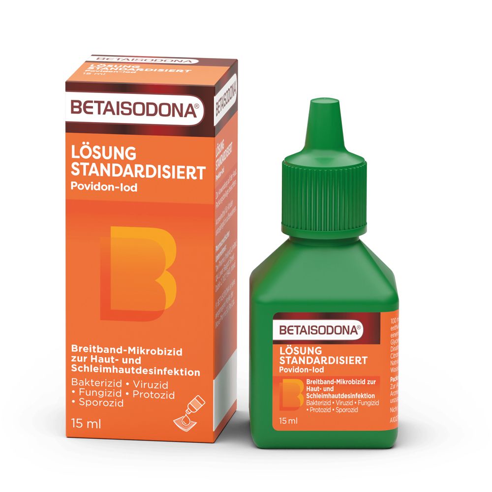 Betaisodona Lösung 15ml Flasche und Faltschachtel.