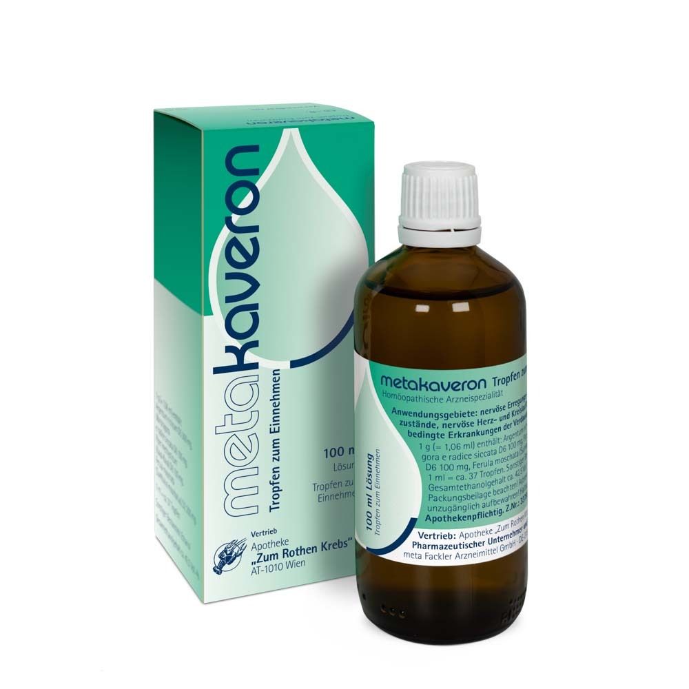 Braune Glasflasche und Schachtel. Aufschrift: metakaveron®. Tropfen zum Einnehmen. 100 ml Lösung. Apotheke.