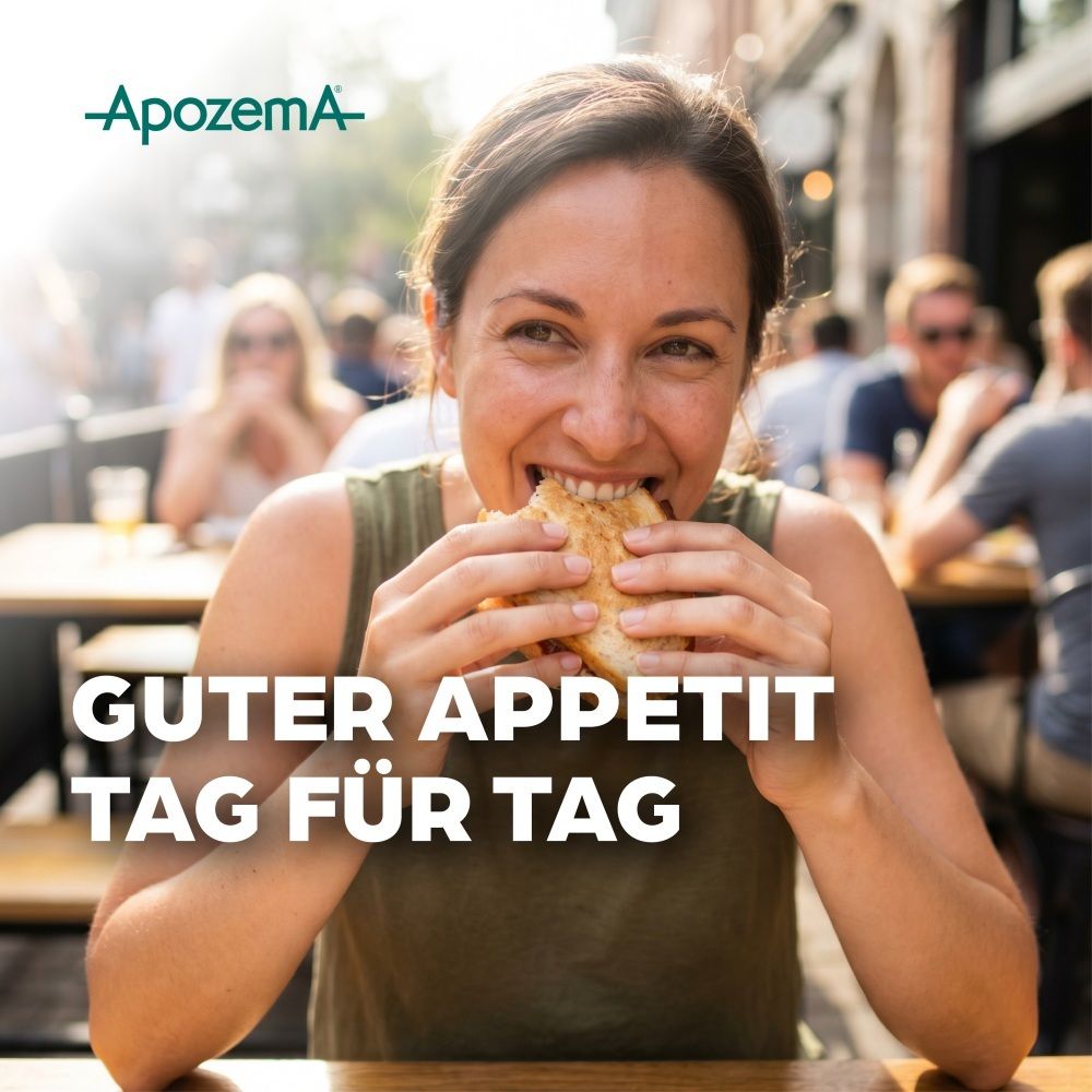 Frau isst genussvoll einen Burger im Freien. Text: GUTER APPETIT TAG FÜR TAG.