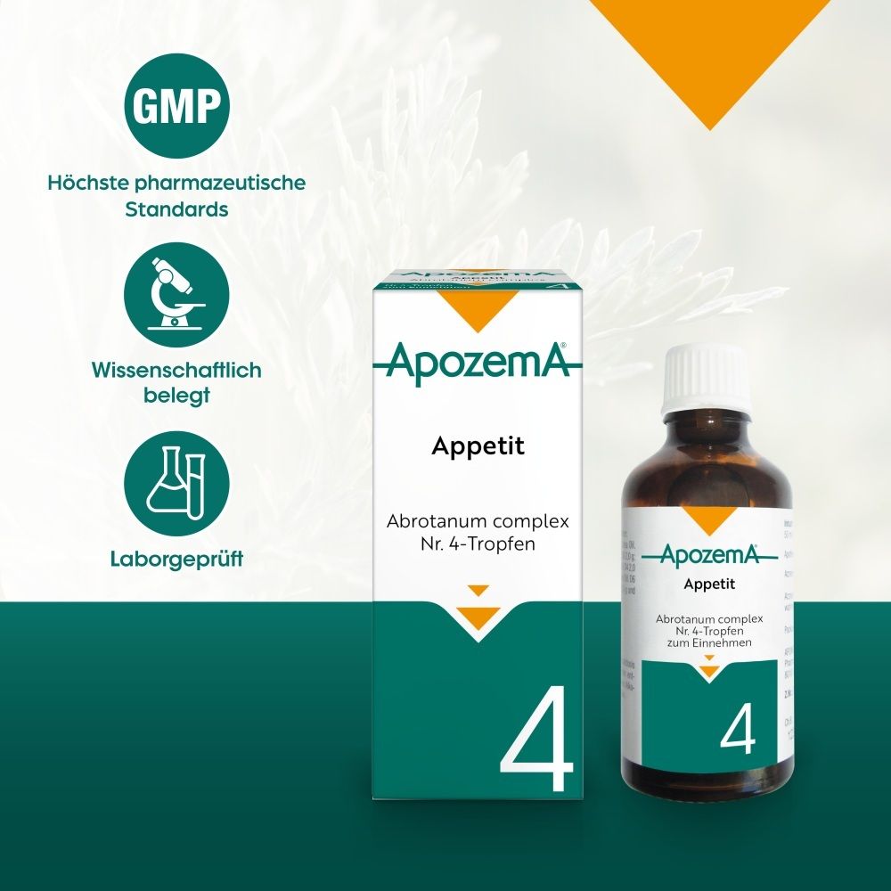 APOZEMA® Appetit-Tropfen Nr. 4 Schachtel und Flasche, mit GMP und Labor-Siegeln.