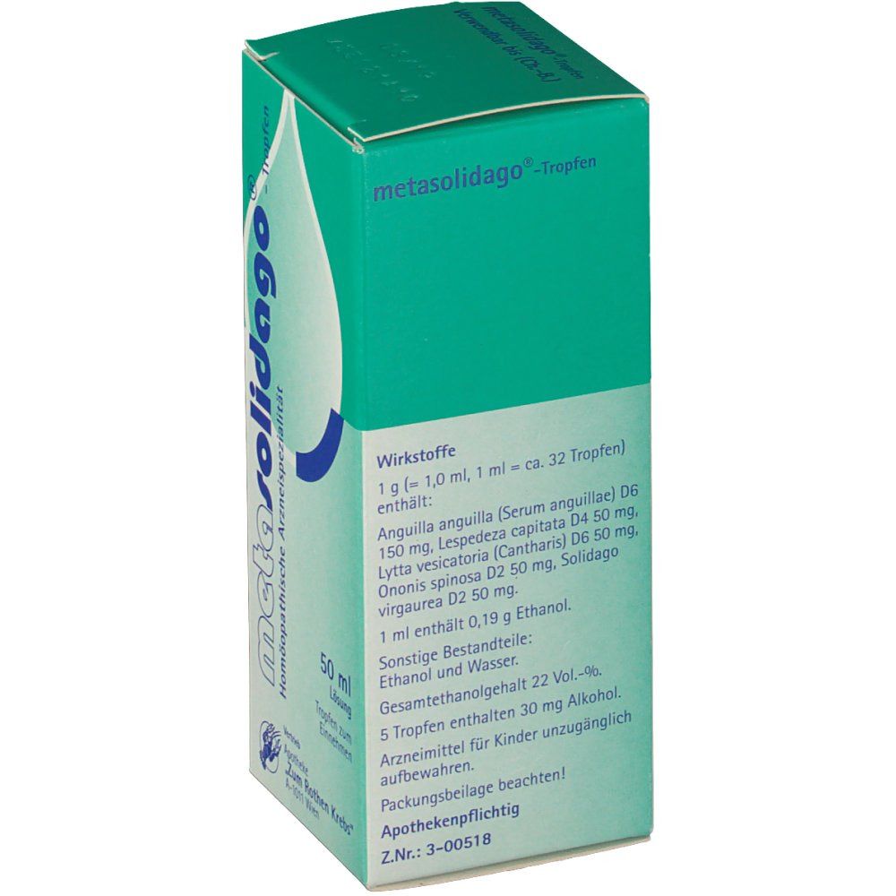 Grüne Faltschachtel mit metasolidago®-Logo. Text: Wirkstoffe, Inhaltsstoffe, Alkoholgehalt, Apothekenpflichtig.