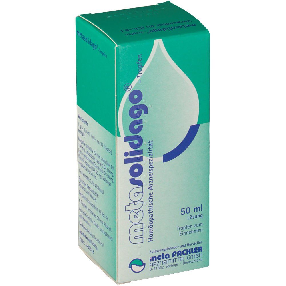 Grüne Faltschachtel mit metasolidago®-Logo und Tropfen-Grafik. Enthält 50 ml Lösung. Hersteller-Logo.