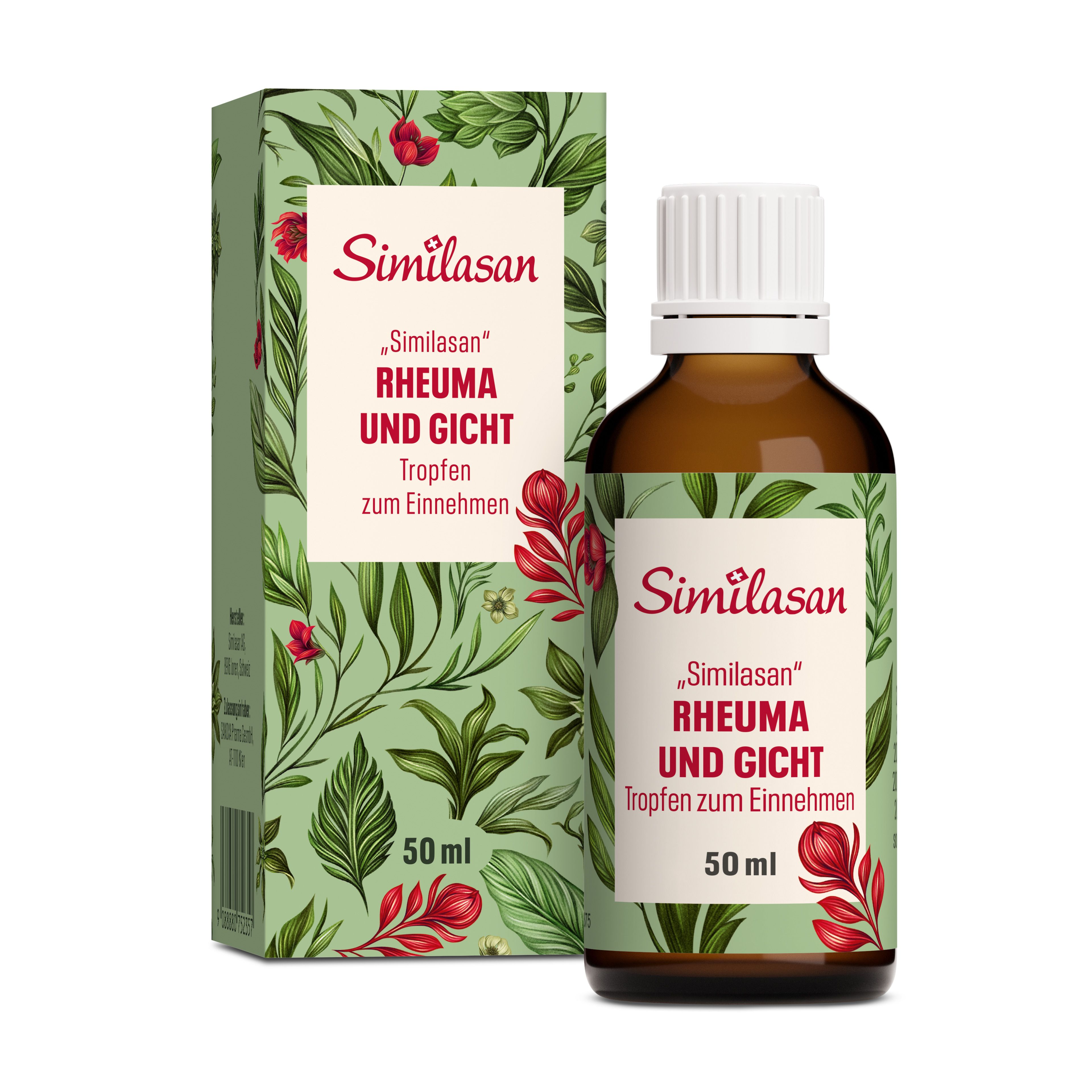 Braune Glasflasche und Schachtel mit floralem Muster. Aufschrift: Similasan, Rheuma und Gicht, Tropfen. 50 ml.