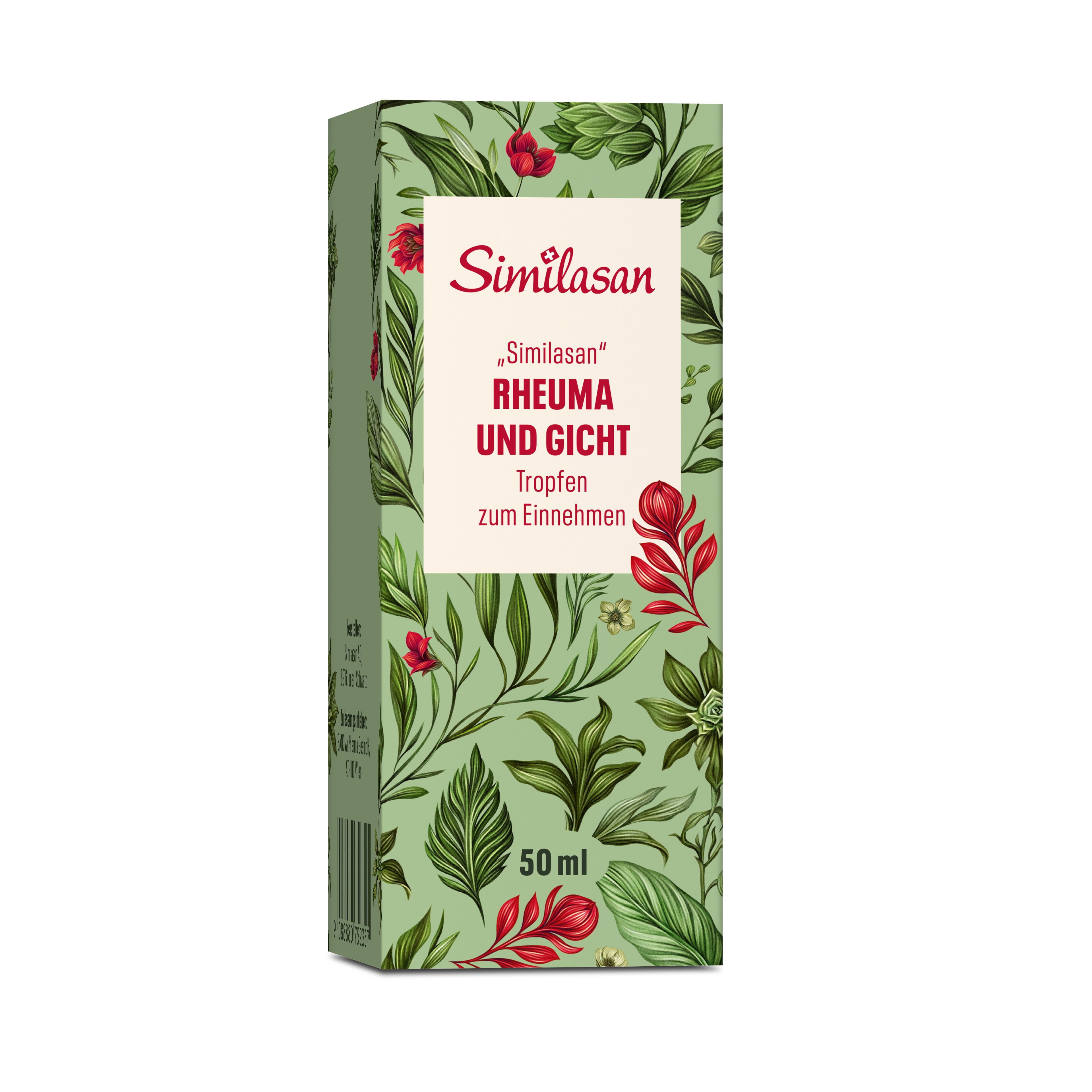 Grüne Schachtel mit floralem Muster. Aufschrift: Similasan, Rheuma und Gicht, Tropfen. 50 ml.