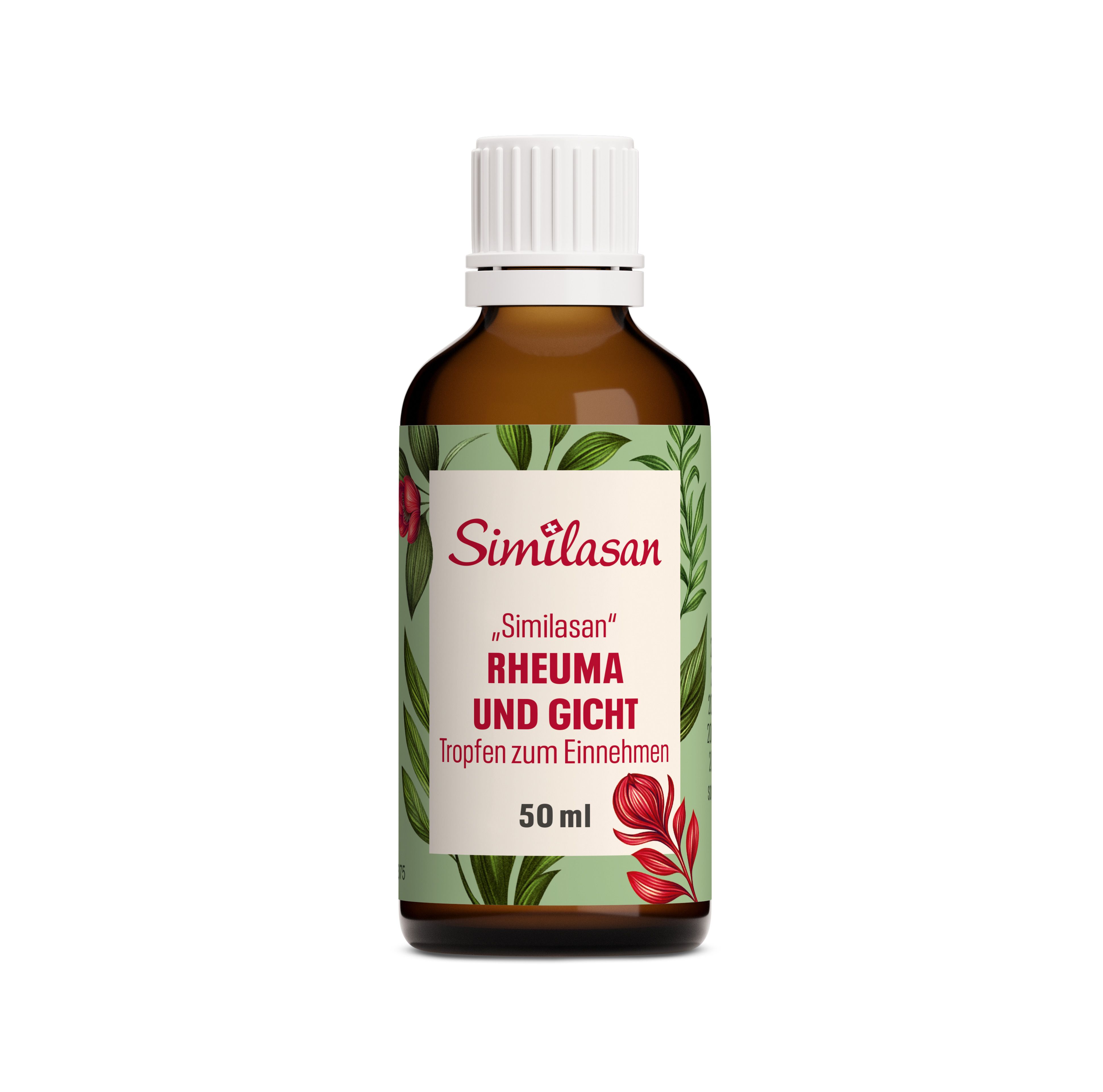 Braune Glasflasche mit weißem Deckel. Aufschrift: Similasan, Rheuma und Gicht, Tropfen. 50 ml.