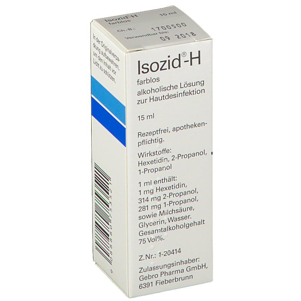 Schachtel mit Isozid-H farblos. Aufschrift: 15 ml, Wirkstoffe, Rezeptfrei, apothekenpflichtig. Gebro Pharma Logo. Verfallsdatum 09 2018.