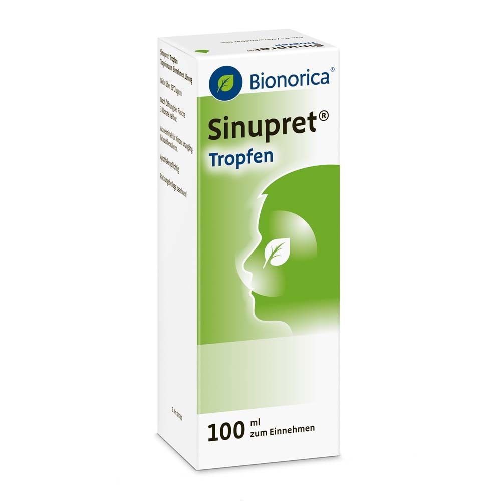 Sinupret® Tropfen-Verpackung. Weißer Karton mit Produktnamen und Logo. Seitenansicht mit Text. 100 ml.