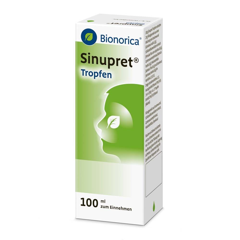 Sinupret® Tropfen-Verpackung. Weißer Karton mit Produktnamen und Logo. Seitenansicht mit Text. 100 ml.