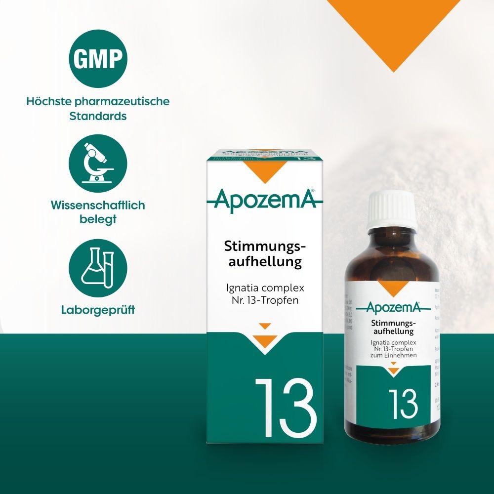Apozema® Stimmungsaufhellung Nr. 13 Tropfen: Flasche und Schachtel mit GMP-Siegel und Qualitätsmerkmalen.