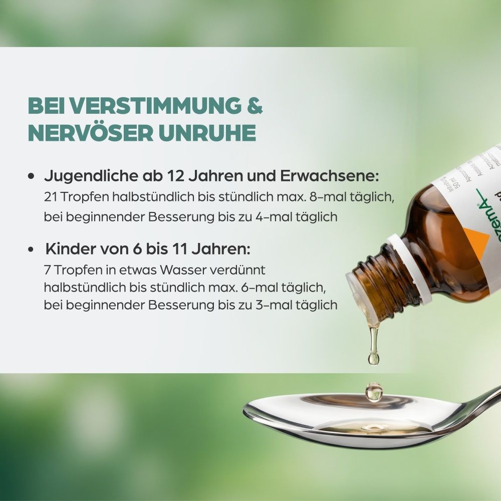Anwendungshinweise für Apozema® Stimmungsaufhellung Nr. 13 Tropfen auf einem Löffel.