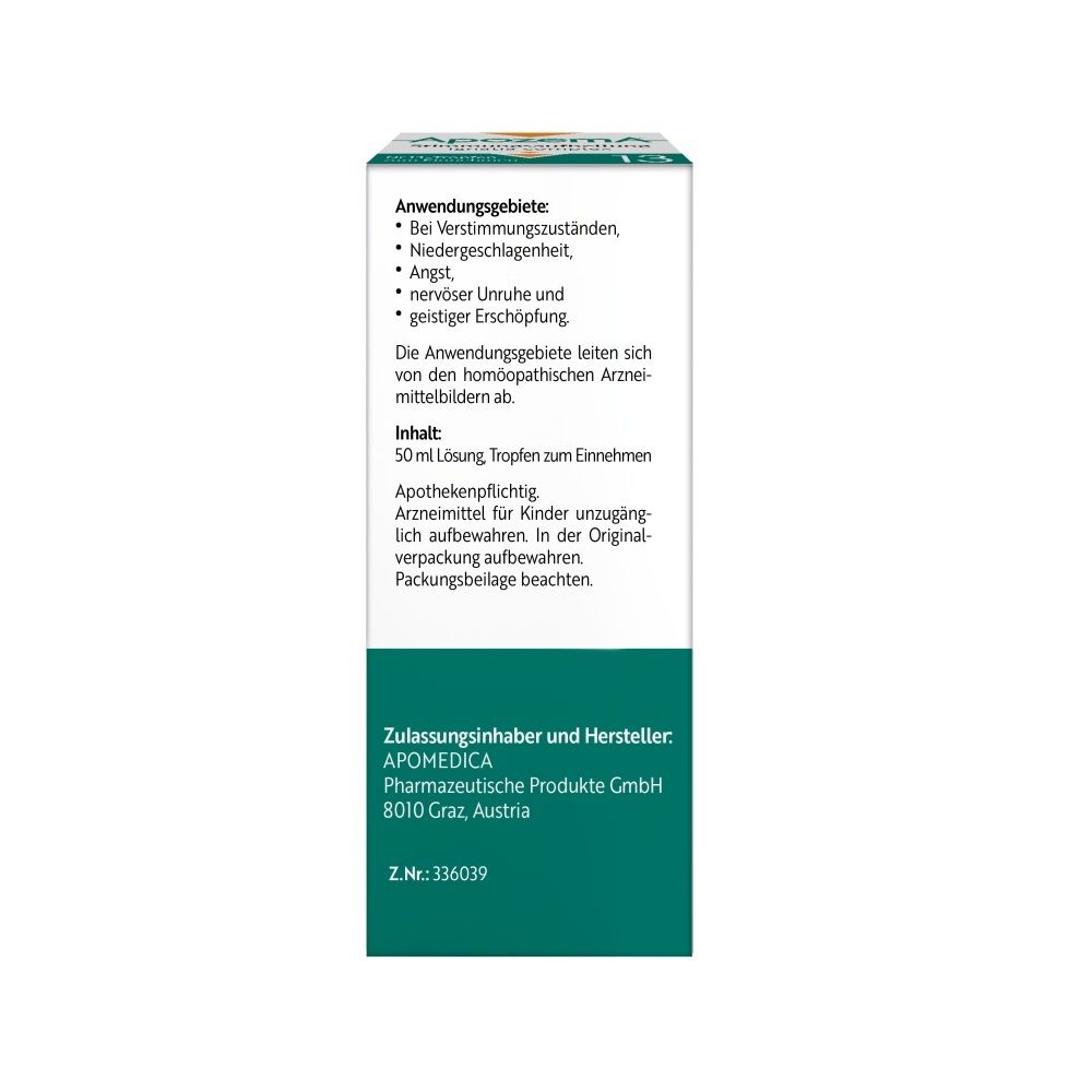Rückseite der Faltschachtel von Apozema® Stimmungsaufhellung Nr. 13 Tropfen mit Anwendungsinformationen.