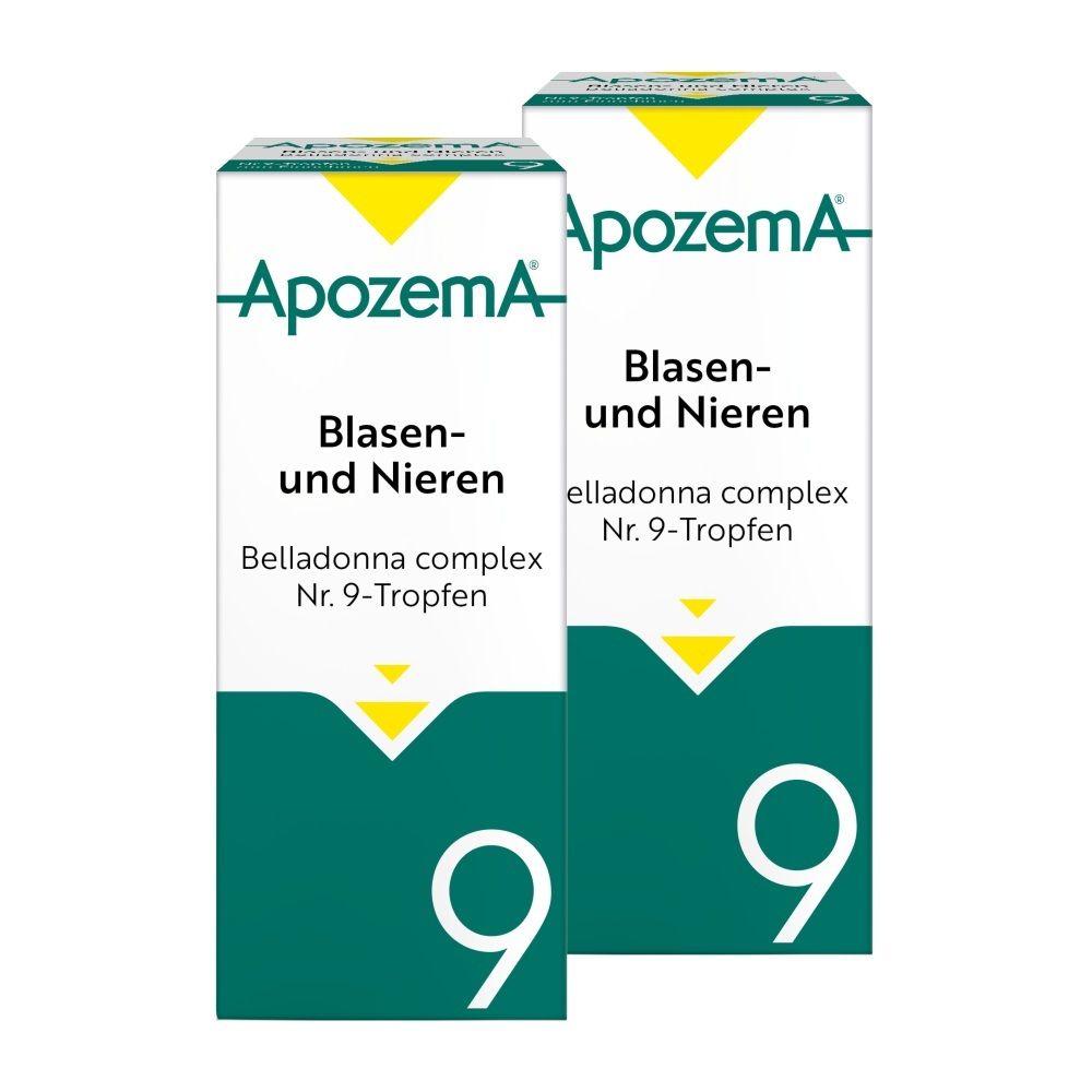 Apozema Blasen- und Nieren-Tropfen Nr. 9: Kartonverpackung und Fläschchen.